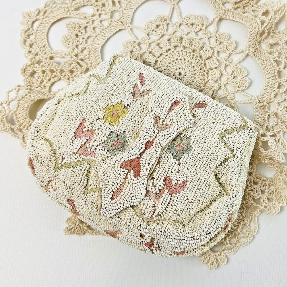 VTG Pastel Floral Beaded Wristlet Purse Envelope Clutch Lined Handmade Belgium